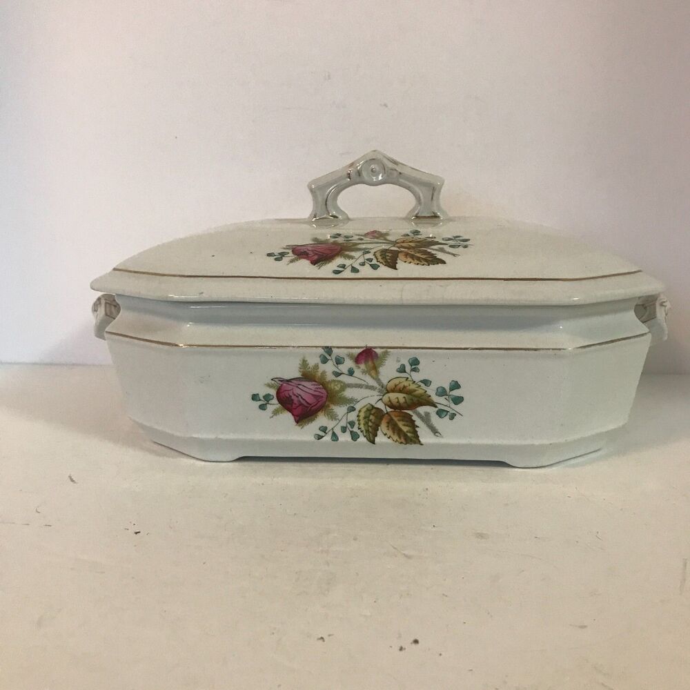Vintage Serving Dish w Lid & Handles Green & Clay Langdon England 11x7" Gold Trm